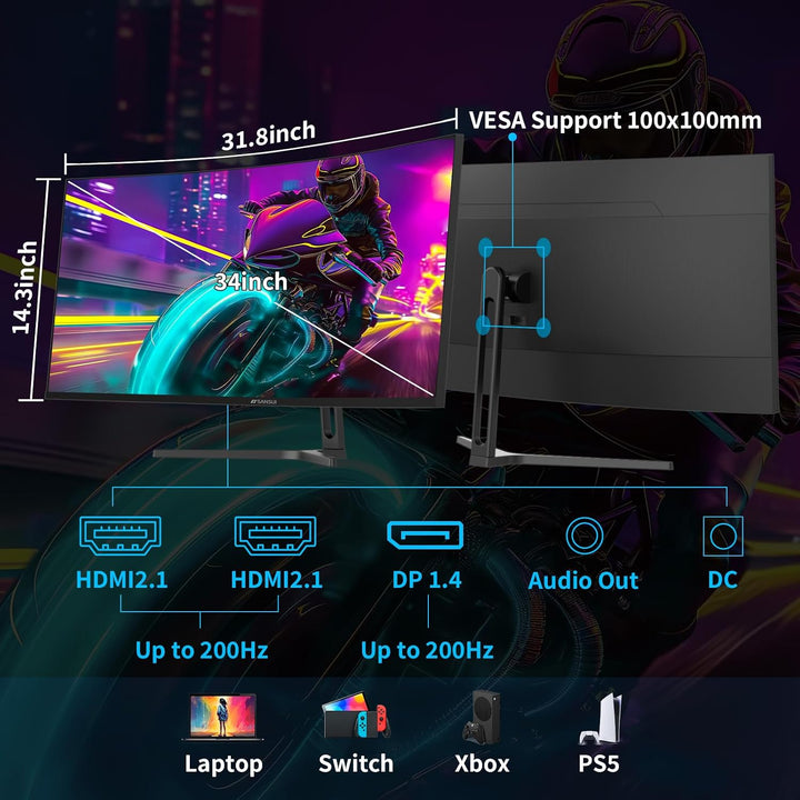 SANSUI Monitor curvo para juegos de 34 pulgadas UWQHD 3440 x 1440P...
