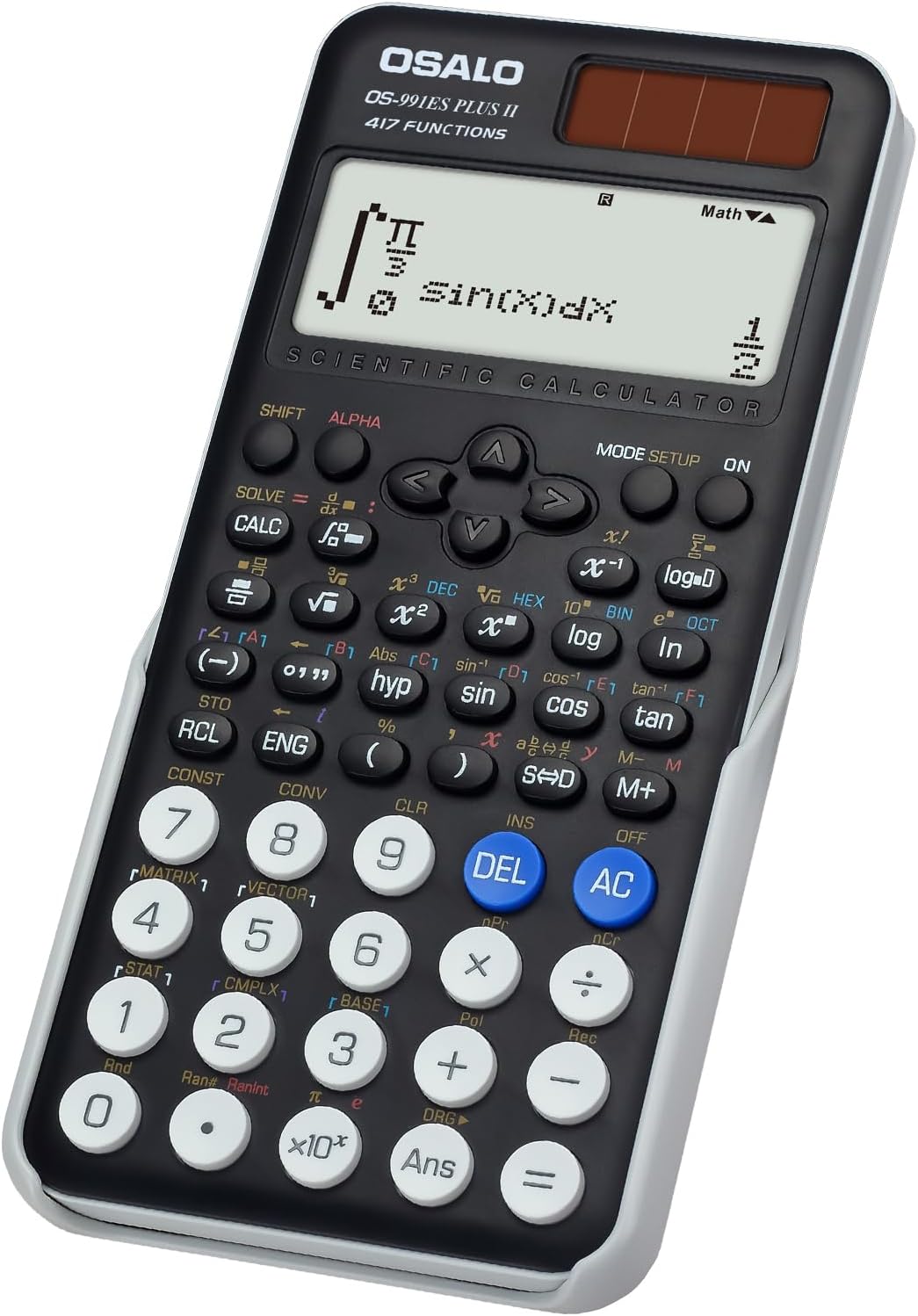 Calculadora científica de 417 funciones con pantalla de 2 líneas y 10+2 dígitos, con alimentación solar y por batería, para estudiantes de secundaria y universidad, color negro (OS 991ES Plus