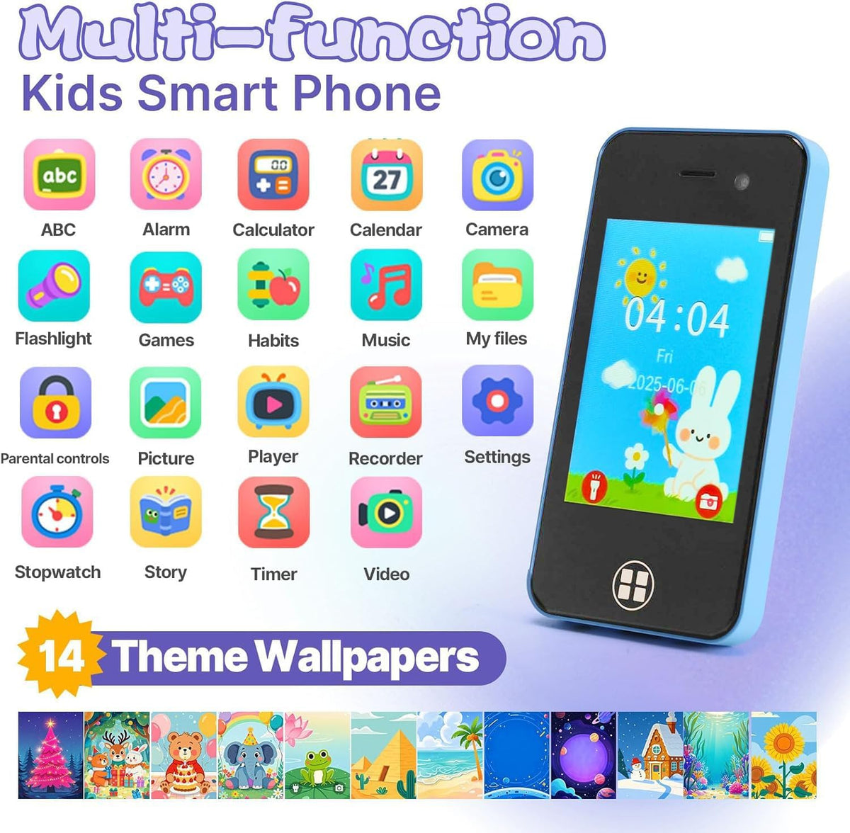 Teléfono inteligente para niños, regalos de Navidad y cumpleaños para niños, niñas y niños pequeños, juguetes de teléfono celular con doble cámara, reproductor de música, mini juegos educativos de
