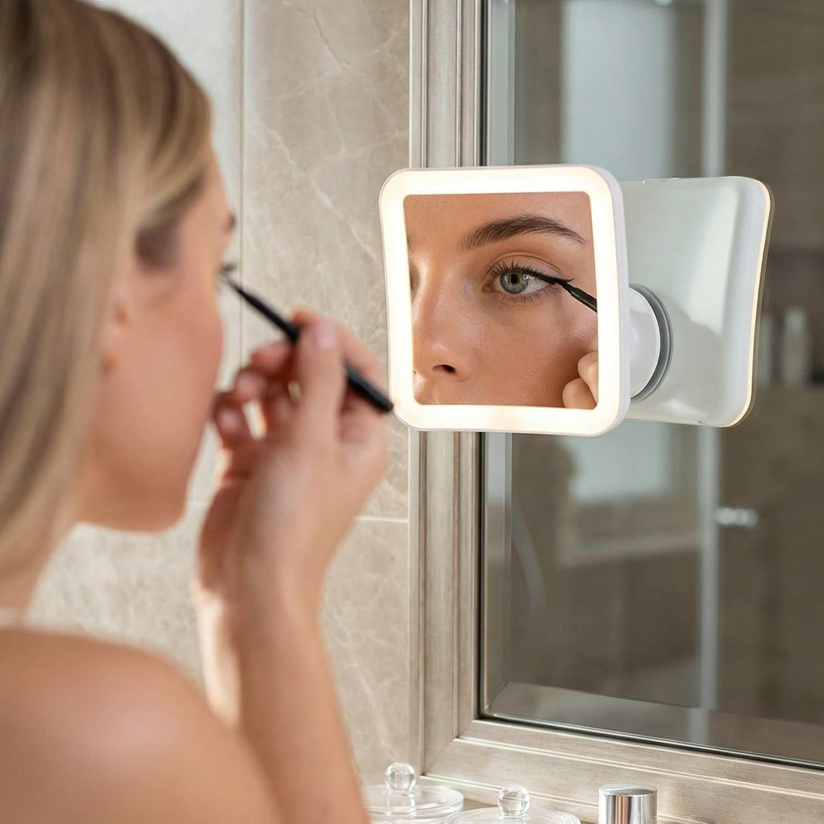 Espejo de aumento Fancii 10 x para maquillaje, con luz LED, espejo cosmético de viaje, compacto, inalámbrico, succión de bloqueo, 6.5 pulgadas, rotación 360 grados, espejo baño iluminado portátil (cuadrado)
