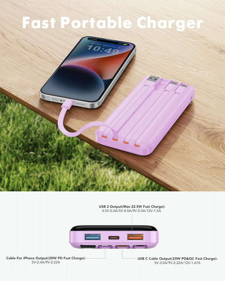 charmast Cargador portátil de 20000 mAh con cables integrados, carg...