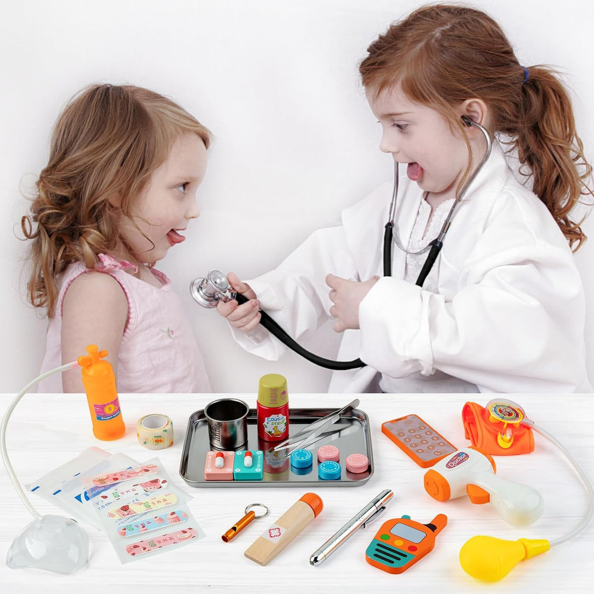 EFO SHM Kit de médico para niños, 34 piezas para niños pequeños de 3 a 5 años con bolsa de almacenamiento médico y estetoscopio real, para niños y niñas, divertido juego de rol, juego de doctor para