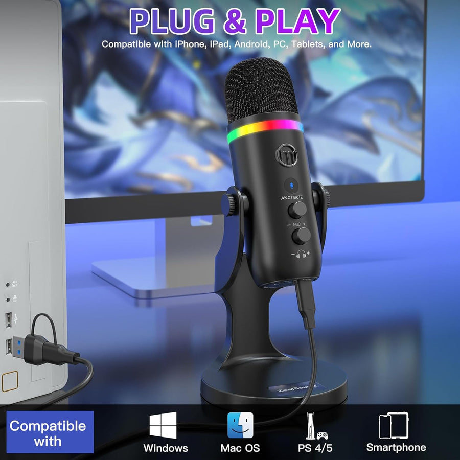 ZealSound Micrófono de podcast para PC, micrófono USB con cancelaci...