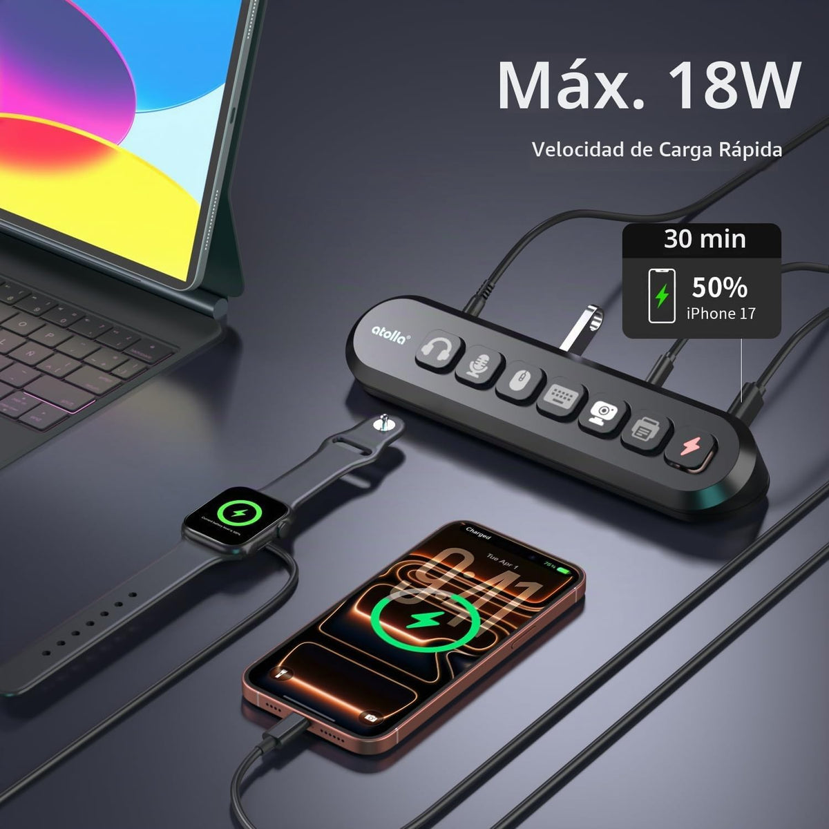 atolla, hub USB 6 de 7 puertos, alimentado
