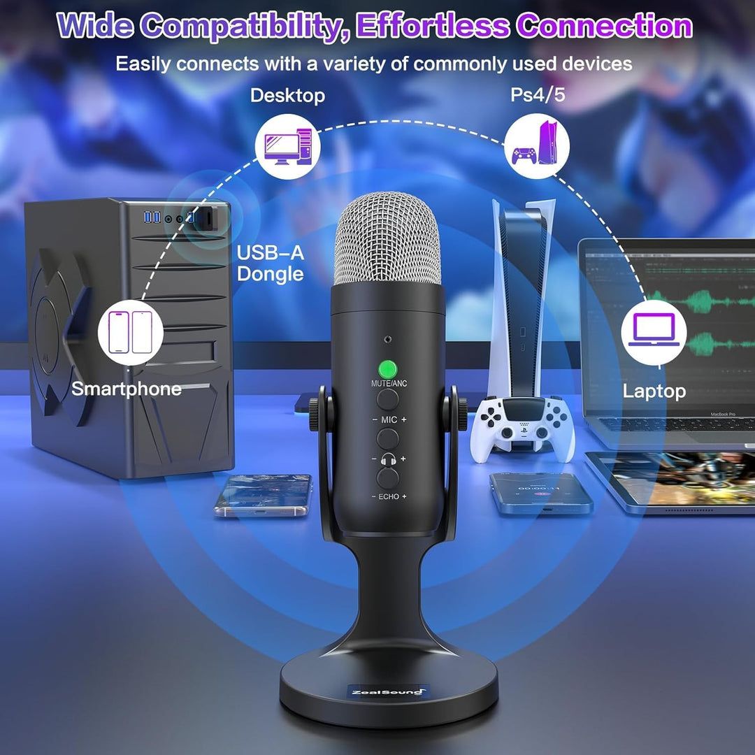 ZealSound Micrófono inalámbrico para PC, micrófono podcast con canc...