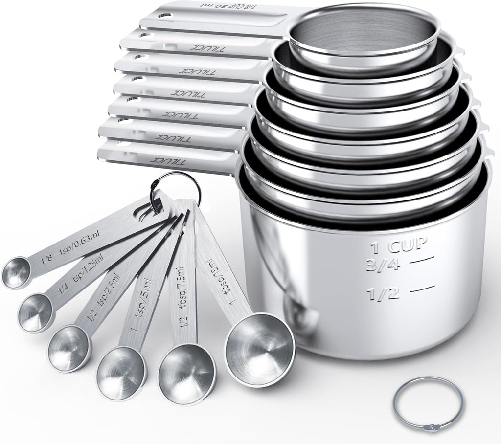 Juego de tazas y cucharas medidoras de acero inoxidable, cuchara de
