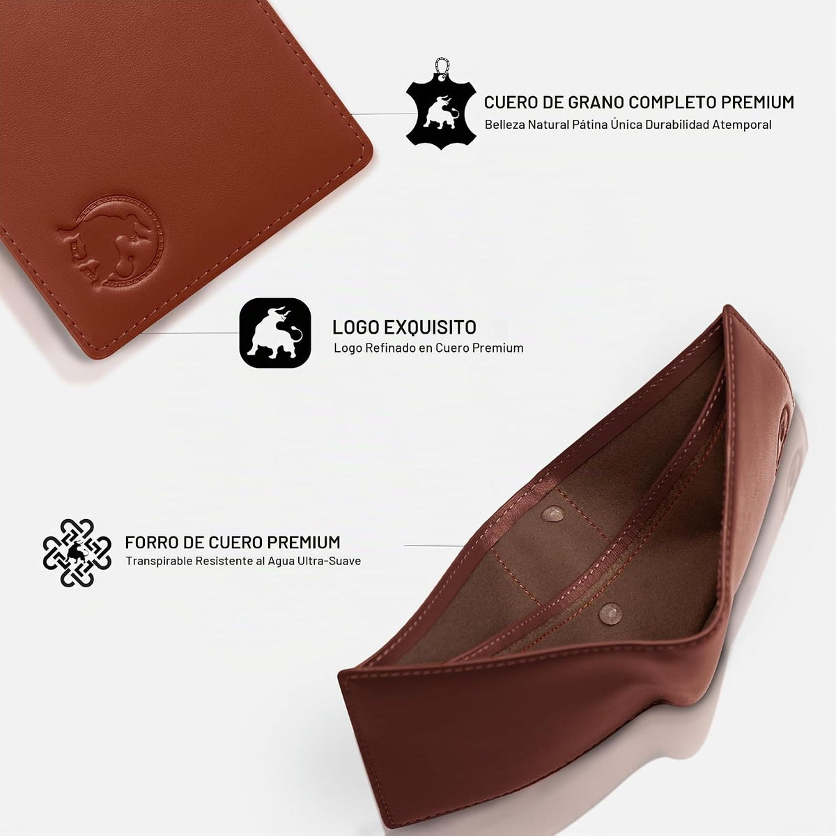 Billetera de cuero de grano completo para hombre, minimalista, delgada, plegable, con bloqueo RFID, con bolsillo para efectivo, 8 ranuras para tarjetas (marrón coñac)