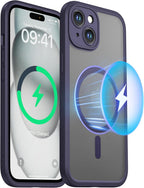 ImpactStrong Protector magnético diseñado para iPhone 15 [protección de cámara] [prueba de caídas de grado militar] [compatible con MagSafe] Funda delgada translúcida mate (6.1 pulgadas), color morado oscuro