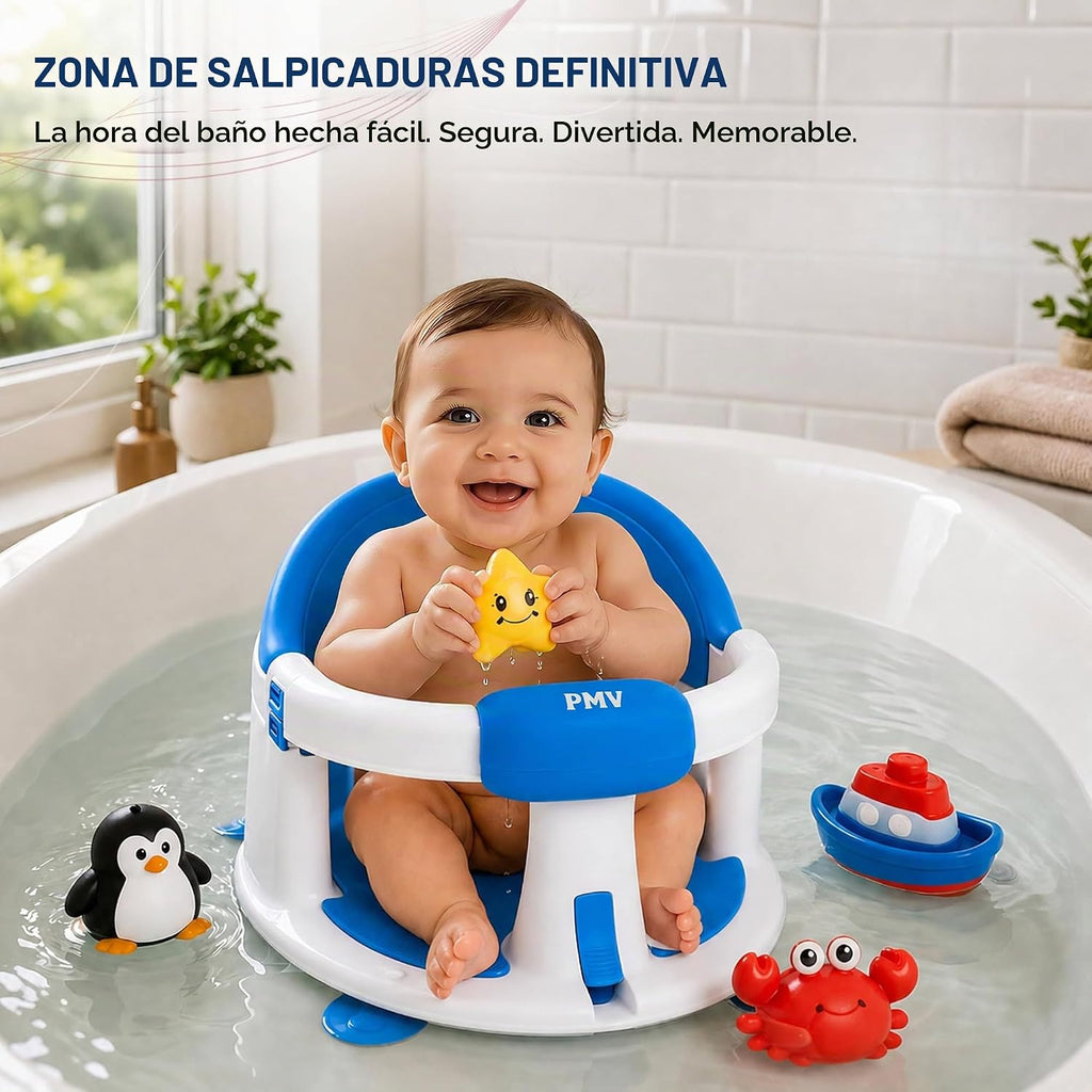 PMV Asiento de baño para bebés sentados, silla de baño antideslizante con 3 ventosas, asiento de apoyo de baño seguro y cómodo para uso en baño/ducha, diseño estable, (6 a 24 meses) (azul)