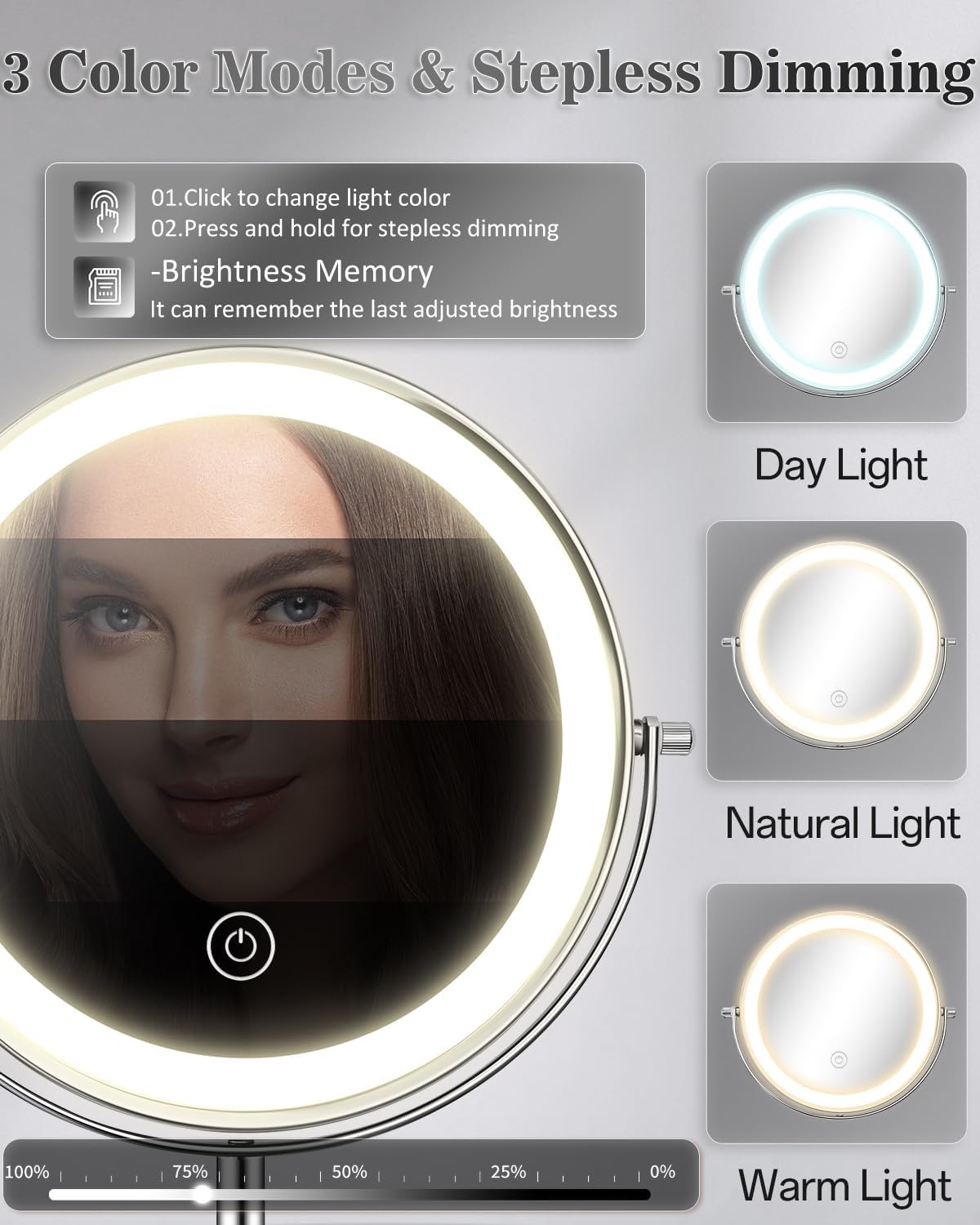 Espejo de maquillaje con aumento de 1X/30X 8" con luces de altura ajustable