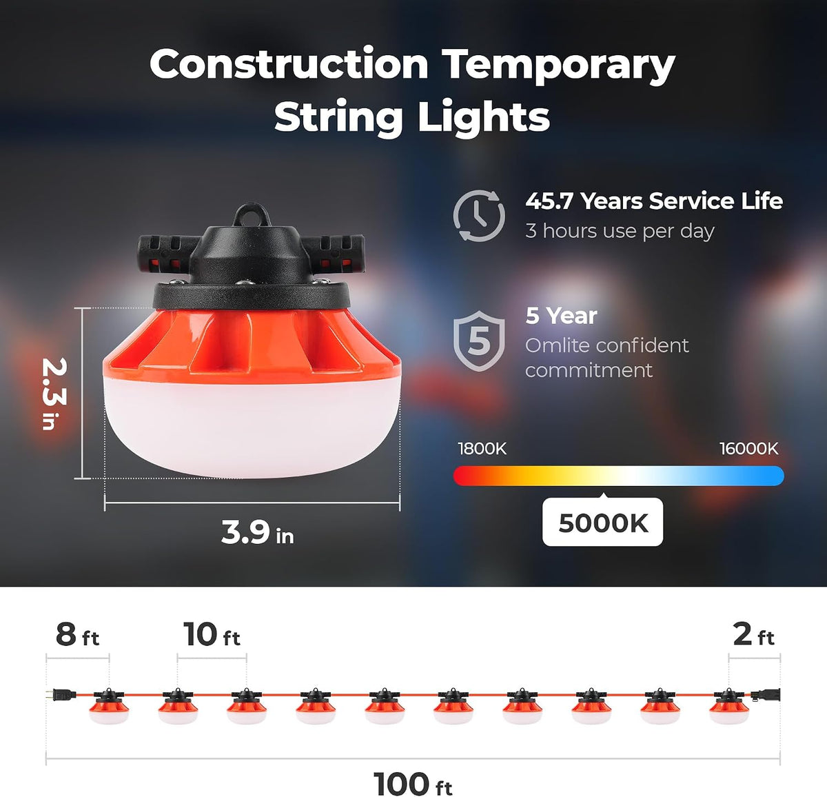Cadena de luz LED de trabajo de 100 pies y 100 W, 18/2 SJTW
