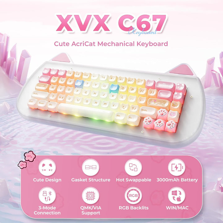 XVX C67 Teclado mecánico inalámbrico con bonito diseño, 60% teclado...