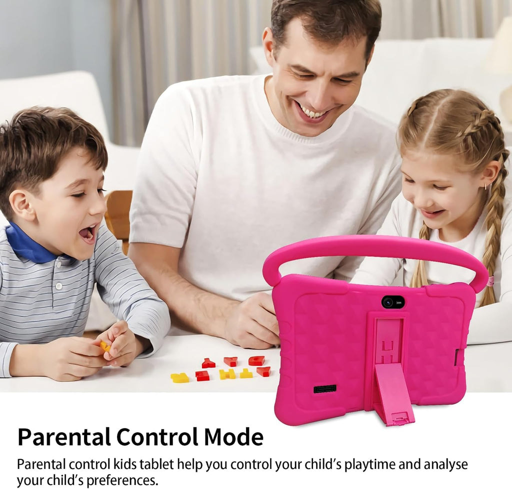 Tablet Kids de 7 pulgadas con funda a prueba de golpes, 1 GB de RAM 32 GB ROM, tableta Android para niños pequeños con Bluetooth, WiFi, GMS, control parental, educativo, juegos (rosa)