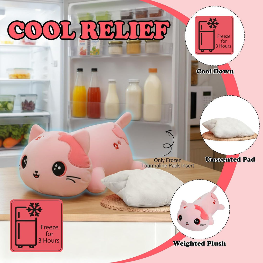 Peluche de gato con peso para microondas, 2.2 libras, peluche de gato rosa grande, lavable a máquina, sin perfume, bonita almohadilla térmica de animal, juguete de peluche cálido para adultos y niños, bordado de flores rosas, 15 pulgadas