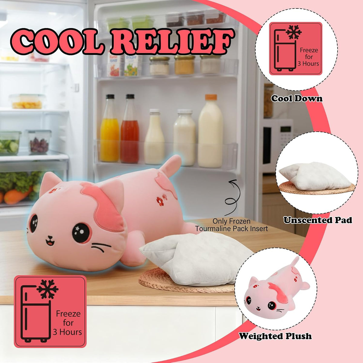 Peluche de gato con peso para microondas, 2.2 libras, peluche de gato rosa grande, lavable a máquina, sin perfume, bonita almohadilla térmica de animal, juguete de peluche cálido para adultos y niños, bordado de flores rosas, 15 pulgadas