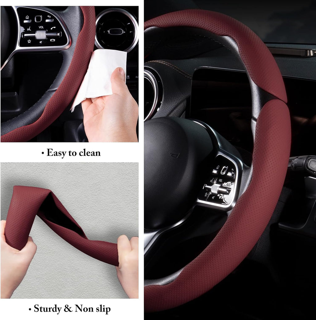 Funda de cuero para volante de automóvil con broche, juego de 3 piezas, protector antideslizante, envolvente, accesorios para volante de 14.5-15 pulgadas, universal, rojo vino