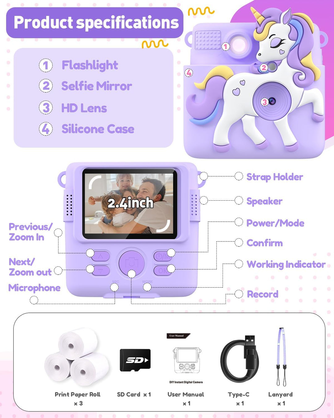 Cámara para niños con impresión instantánea para niñas de 4 a 12 añ...