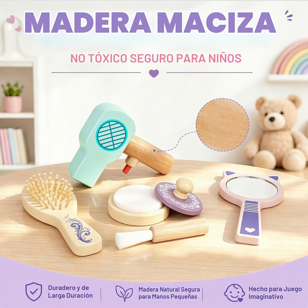 Set de Maquillaje de Madera para Jugar de 3 a 5 Años con Trenza de Princesa y Cierre