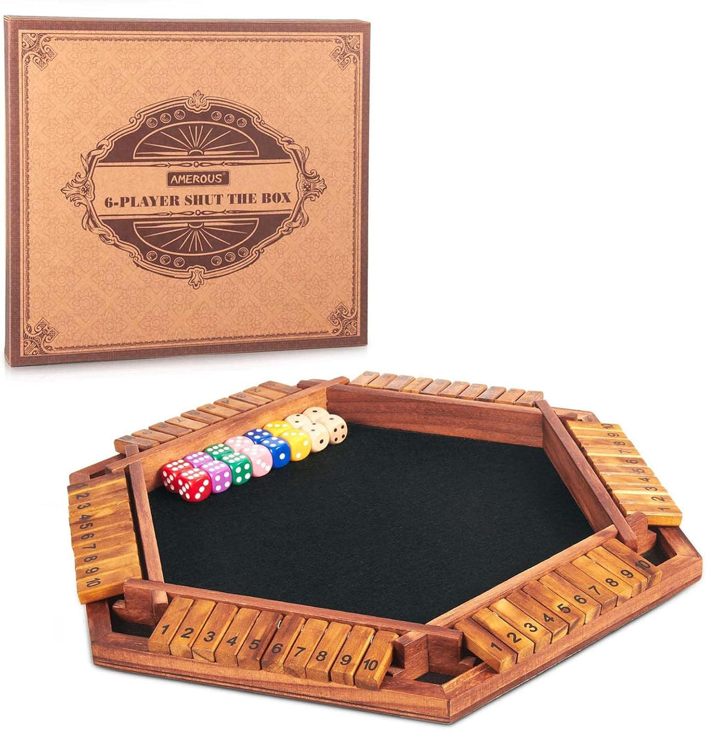 AMEROUS - Juego mejorado de dados "Shut The Box" para 1-6 jugadores, juego de mesa de madera para matemáticas con 16 dados para niños, adultos, familia, aula, hogar, fiesta o bar