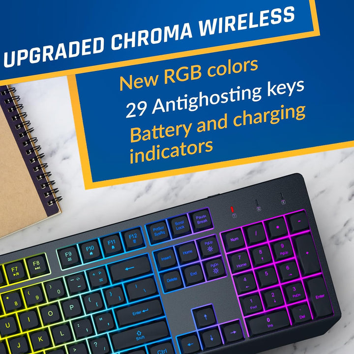 KLIM Teclado y mouse inalámbricos Chroma - Combo de juegos con retr...