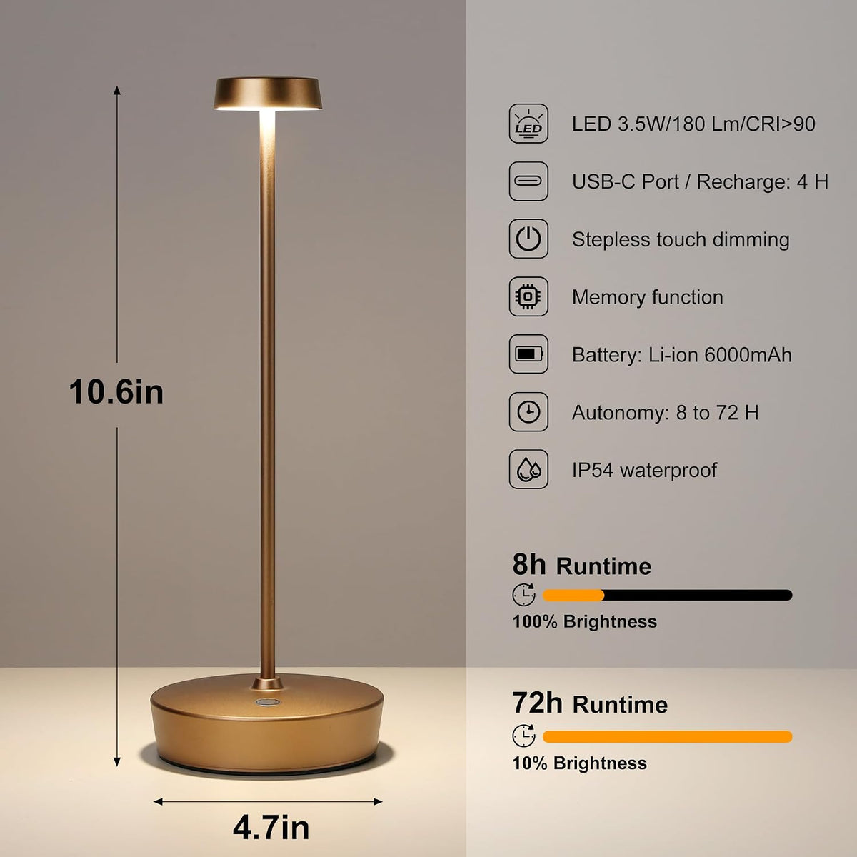 Lámpara Lámpara de mesa inalámbrica LED recargable, luces al aire libre con pilas