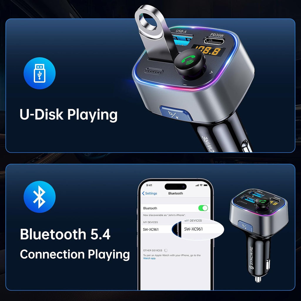Syncwire Bluetooth 5.4 Transmisor FM Adaptador de coche 48W (PD 36W y 12W