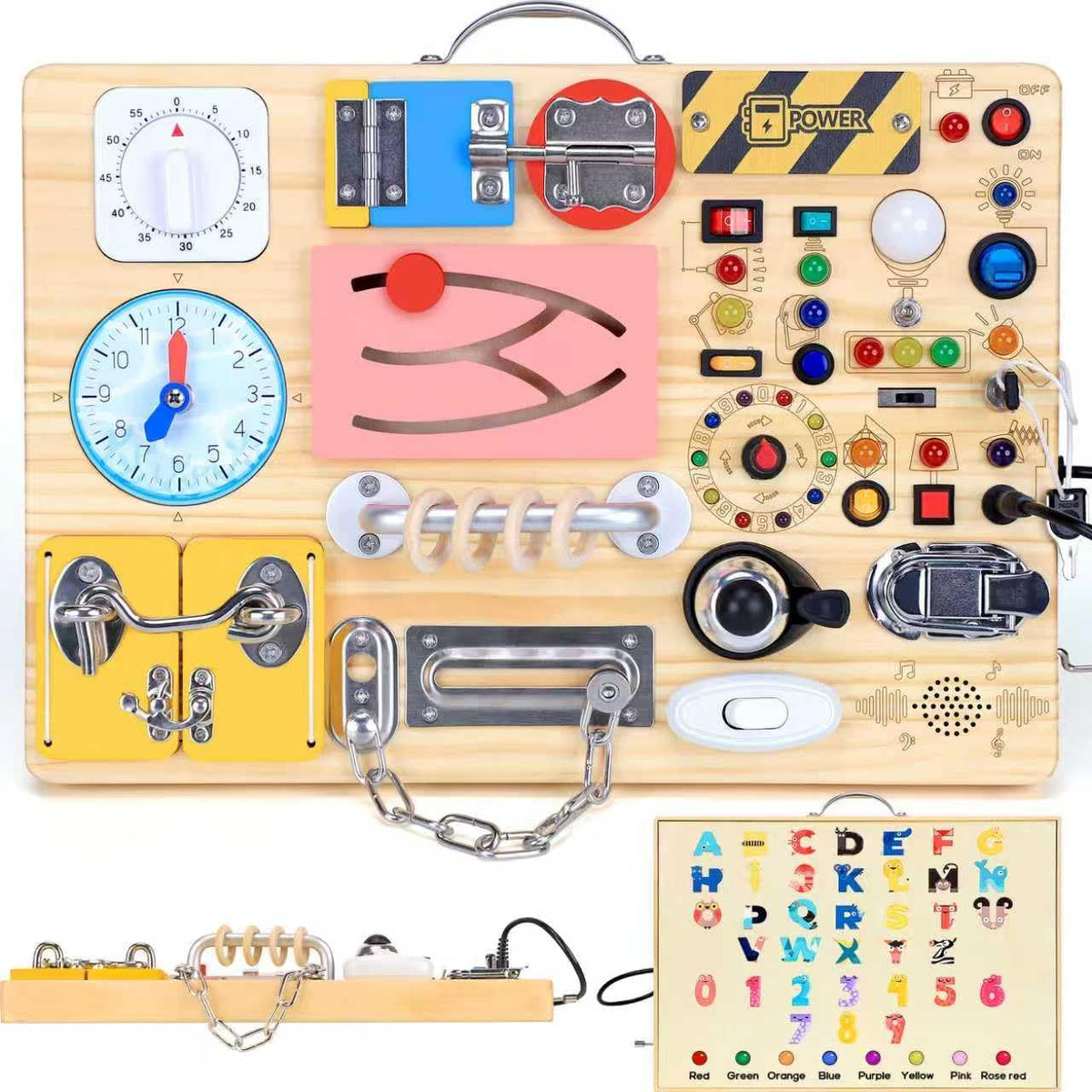 Tablero de actividades con 13 interruptores de luz LED y 12 actividades, juguetes Montessori para niños pequeños, tablero de actividades sensoriales de juguete de madera, juguetes de viaje para niños