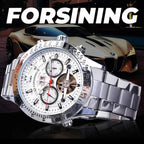 FORSINING Reloj Mecánico Tourbillon de Cuerda Automática para Hombre, Día Fecha Mes Calendario Completo, Taquímetro Luminoso Relojes Automáticos Multifuncionales, Reloj de Pulsera con Correa de Acero