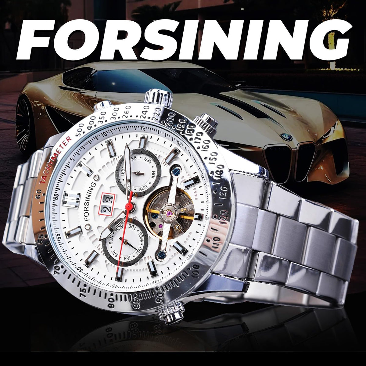 FORSINING Reloj Mecánico Tourbillon de Cuerda Automática para Hombre, Día Fecha Mes Calendario Completo, Taquímetro Luminoso Relojes Automáticos Multifuncionales, Reloj de Pulsera con Correa de Acero