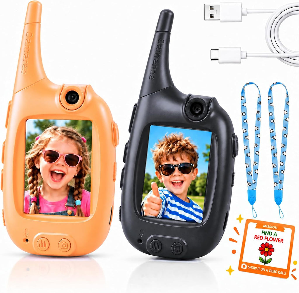Walkie talkies de video para niños, cámara abatible y linterna, paquete de