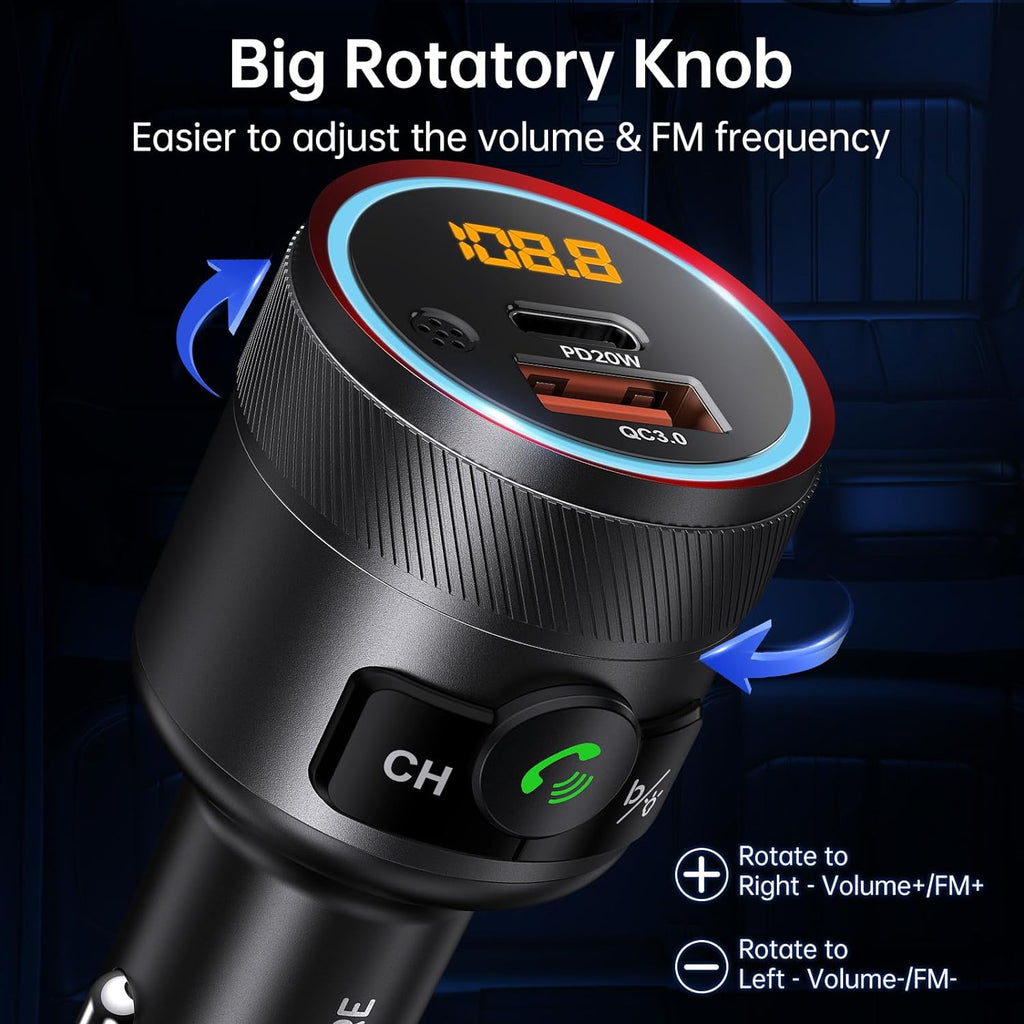 Syncwire Transmisor FM Bluetooth 5.4 para coche, 38 W PD y QC3.0 Dual USB Carga Bluetooth Adaptador de coche Micrófono y sonido de graves MP3 Reproductor de música FM Kit con llamadas manos libres