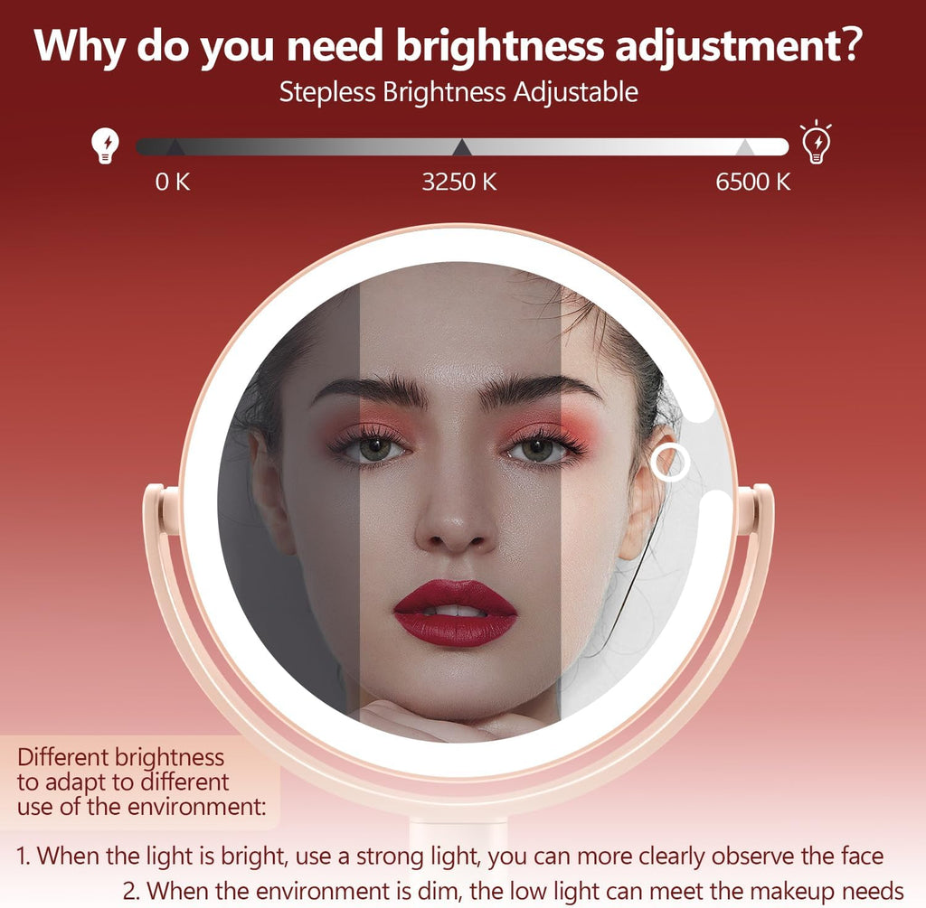 MIYADIVA Espejo de maquillaje con luces, espejo de aumento 20X con luz e interruptor táctil, espejo de tocador con 3 luces de color y 80 LED, espejos ampliados iluminados de 2 lados de 8.8 pulgadas, rosa