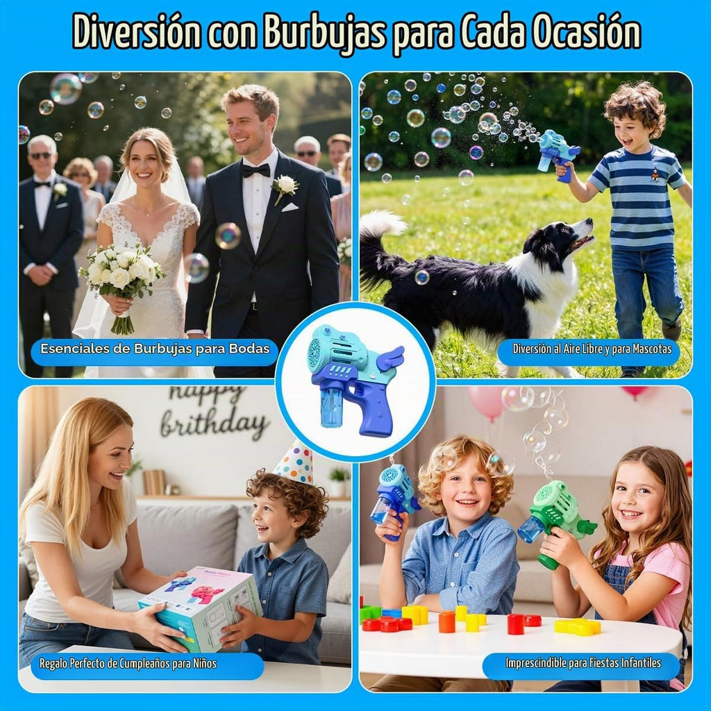 Paquete de 2 pistolas de burbujas recargables con solución de 4 botellas, pistolas sopladoras de burbujas con luces LED para niños pequeños de 3 a 12 años, juguete de verano, recuerdos de fiesta