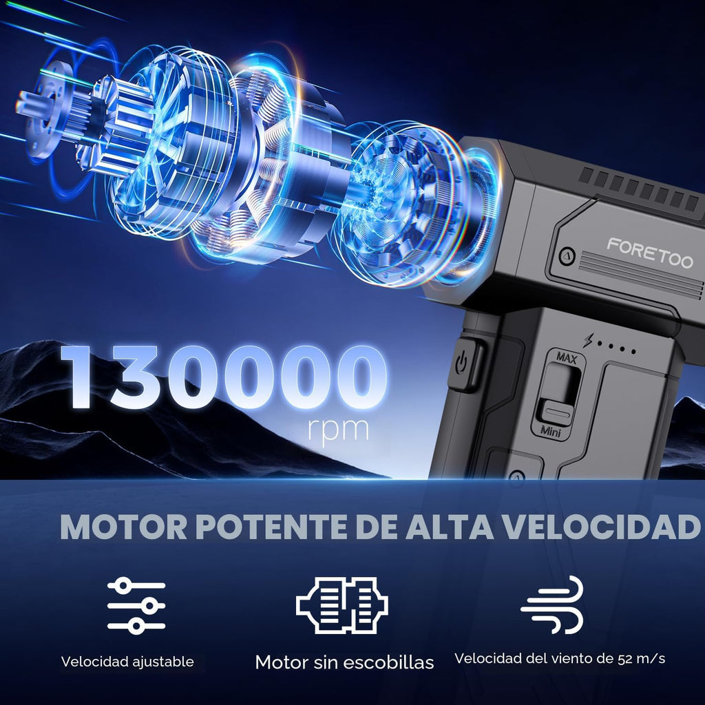Plumero de aire comprimido, motor eléctrico sin escobillas de 130000 RPM con velocidad continua ajustable, soplador de aire inalámbrico recargable de carga rápida para PC, automóvil, teclado, mascota, hogar y al aire libre