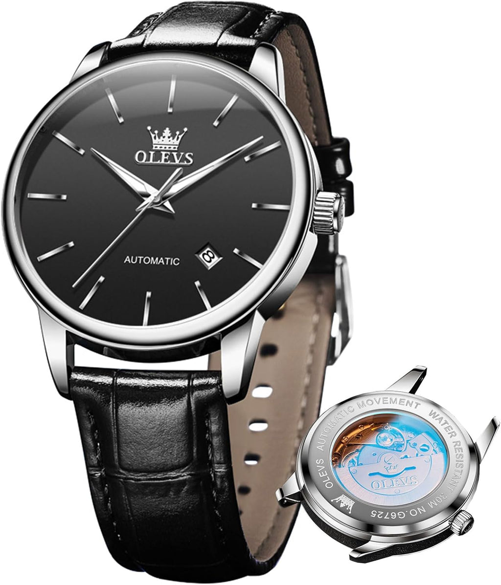 OLEVS Reloj de vestir automático mecánico de lujo para hombre, correa de cuero marrón y negro, impermeable, casual, de negocios, de cuerda automática, fácil de leer, relojes para hombre