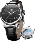 OLEVS Reloj de vestir automático mecánico de lujo para hombre, correa de cuero marrón y negro, impermeable, casual, de negocios, de cuerda automática, fácil de leer, relojes para hombre