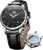 OLEVS Reloj de vestir automático mecánico de lujo para hombre, correa de cuero marrón y negro, impermeable, casual, de negocios, de cuerda automática, fácil de leer, relojes para hombre