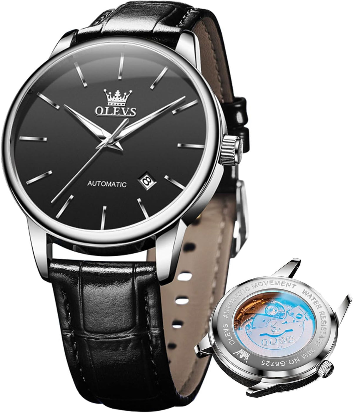 OLEVS Reloj de vestir automático mecánico de lujo para hombre, correa de cuero marrón y negro, impermeable, casual, de negocios, de cuerda automática, fácil de leer, relojes para hombre