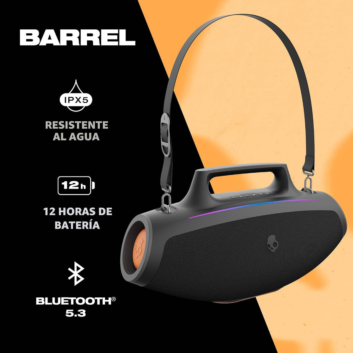 Skullcandy Barrel Bocina Bluetooth Boombox — Bocina portátil inalámbrica resistente al agua, con modo de luces LED, batería de 12 horas, Multi-Link y salidas de carga USB-C y USB-A (Negro)