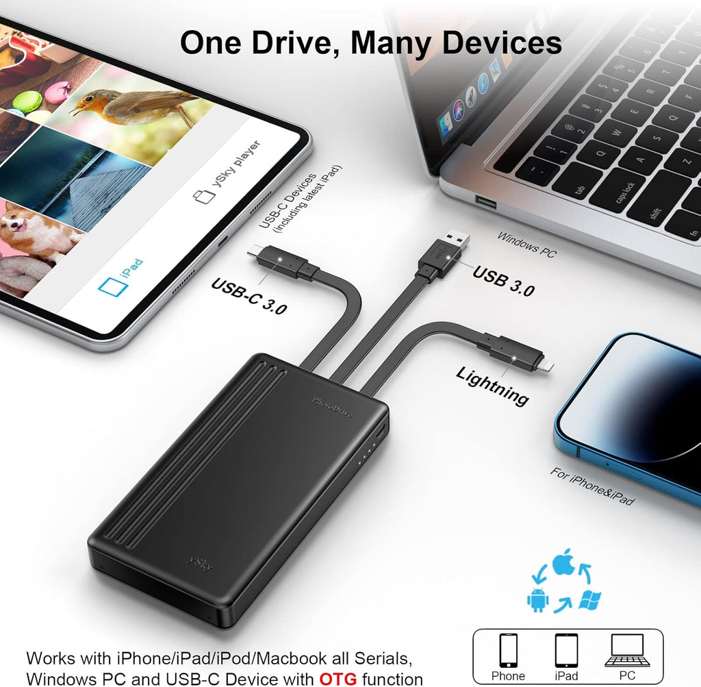 ySky Disco duro externo portátil con certificación MFi de 1 TB para iPhone, iPad, MacBook, Windows, computadora, USB C, teléfonos Android para respaldo, 1TB Photo Stick para iPhone 17/16/15/14/13 (copia de seguridad automática)