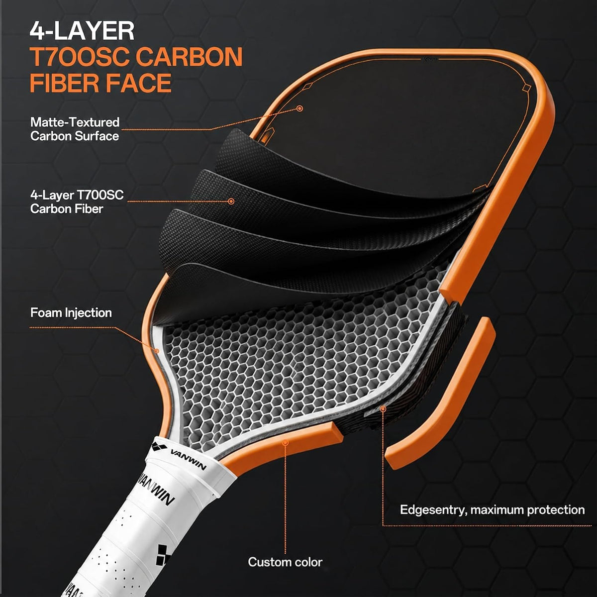 Paleta de pickleball, T700 de fibra de carbono Pickle Ball Paddle alargada aprobada por USAPA para jugadores intermedios y avanzados, núcleo de polipropileno de 0.630 in