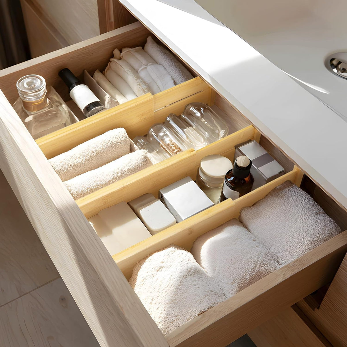 VaeFae Paquete de 6 separadores de cajones de bambú, 4 pulgadas de alto ajustables de 11.9-17.1 pulgadas, separadores expandibles para dormitorio, baño, cocina, oficina