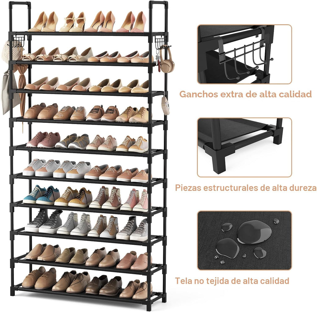 VTRIN Zapatero de 10 niveles, organizador de zapatos alto de gran capacidad con dos ganchos, estante de zapatos de metal resistente para entrada, armario, dormitorio