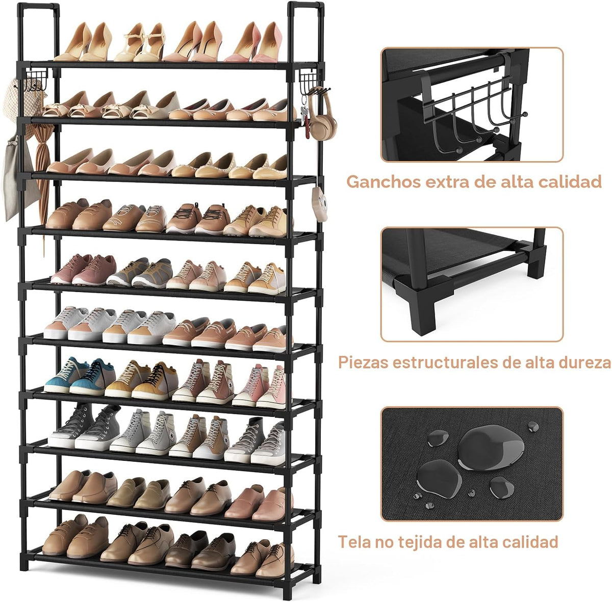 VTRIN Zapatero de 10 niveles, organizador de zapatos alto de gran capacidad con dos ganchos, estante de zapatos de metal resistente para entrada, armario, dormitorio