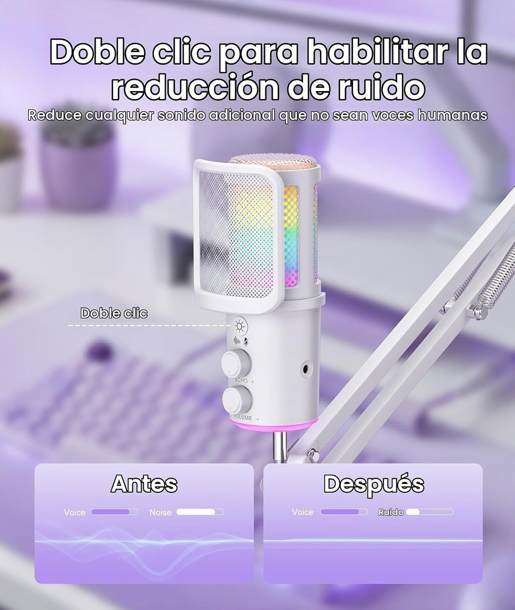 Micrófono USB para juegos, micrófono condensador con cancelación de ruido con silencio, ajuste de reverberación de micrófono de brazo de brazo, monitoreo para transmisión, podcasting, discordia