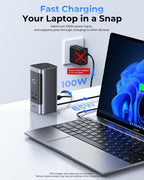 RayCue Estación de acoplamiento USB C, pantalla triple 15 en 1 con 5 botones de acceso directo, pantalla inteligente, DP y HDMI, 10G USB A/C, Gigabit Ethernet, 100 W PD, audio, estación de