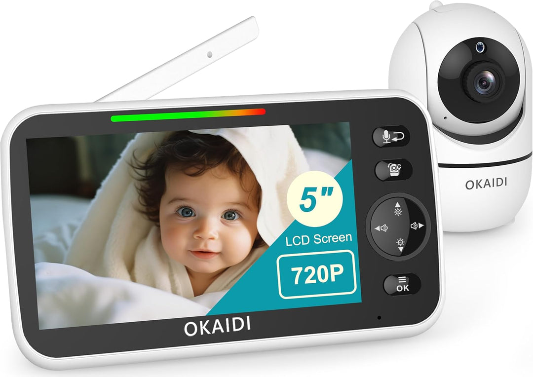OKAIDI Monitor de bebé HD 720P de 5 pulgadas con cámara y audio, ba...