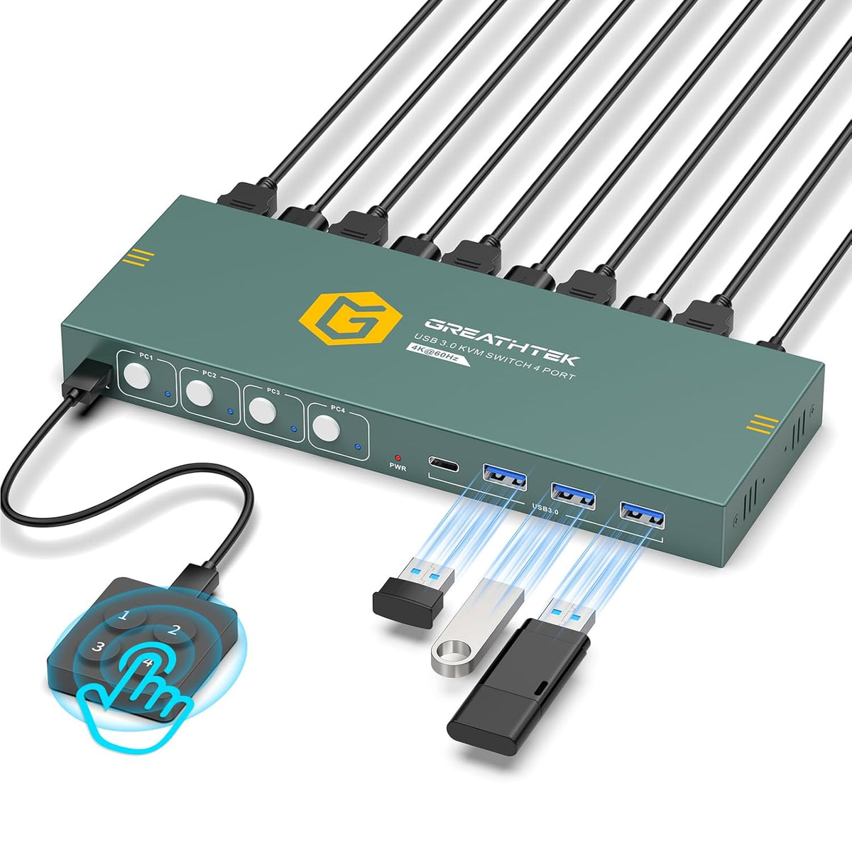 Interruptor KVM USB 3.0 HDMI 4K@60Hz para 4 computadoras compartir 1 monitor, interruptor KVM 4 puertos con 3 puertos USB 3.0 compartir teclado y mouse, soporte de botón de cambio, Plug and Play