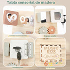Joyreal Tablero de madera para niños pequeños, juguetes Montessori para niños de 1, 2, 3 años, tablero de actividades sensoriales con caja de música y 12 actividades de habilidades motoras, juguetes
