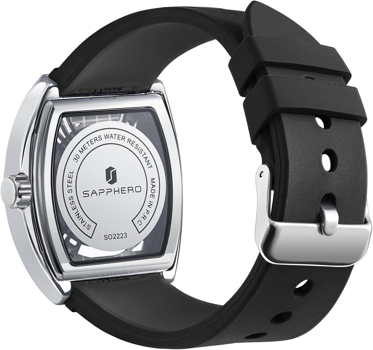 SAPPHERO Reloj para hombre, esfera de esqueleto Tonneau, caja de acero inoxidable, movimiento de cuarzo japonés, correa de silicona, reloj de pulsera deportivo y de moda, resistente a los 30M, fecha